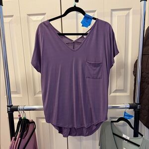 Amelia James Short-Sleeve V-Neck Pocket Tee in Dusty Plum